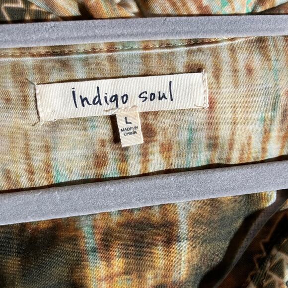 Indigo Soul Tunic Top Womens Large Brown Geometric Print Sharkbite Hem V-Neck - Picture 5 of 8